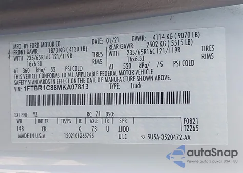 2021 Ford Transit-250 z USA, uszkodzony, nr VIN 1FTBR1C88MKA07813